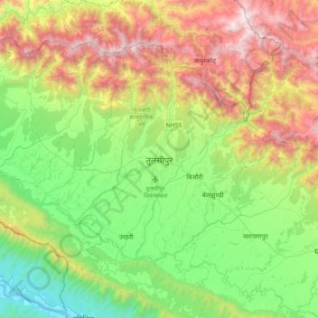 Topografische kaart Tulsipur, hoogte, reliëf