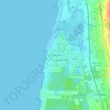 Topografische kaart Praia de Esmoriz, hoogte, reliëf