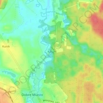 Topografische kaart Kosyń, hoogte, reliëf