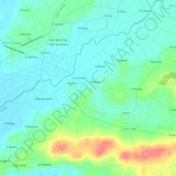 Topografische kaart Outeiro, hoogte, reliëf