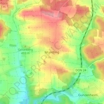 Topografische kaart Mündling, hoogte, reliëf
