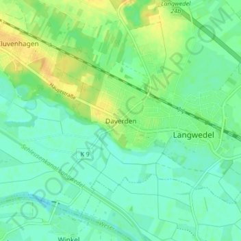 Topografische kaart Daverden, hoogte, reliëf