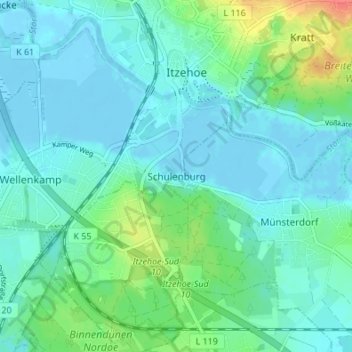 Topografische kaart Schulenburg, hoogte, reliëf