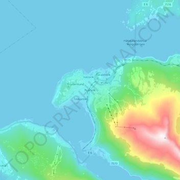 Topografische kaart Narvik, hoogte, reliëf