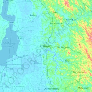 Topografische kaart Kottayam, hoogte, reliëf