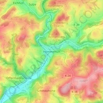 Topografische kaart Hommerich, hoogte, reliëf