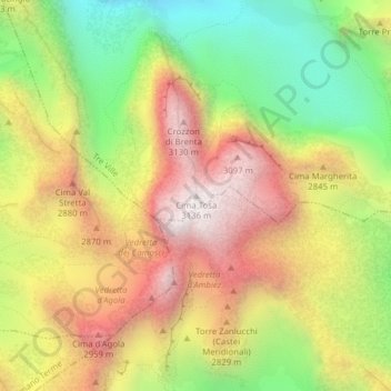 Topografische kaart Cima Tosa, hoogte, reliëf