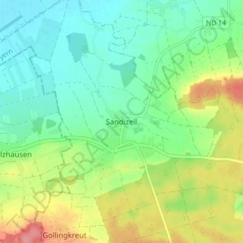 Topografische kaart Sandizell, hoogte, reliëf