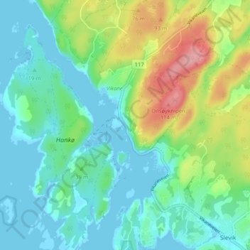 Topografische kaart Vikene, hoogte, reliëf