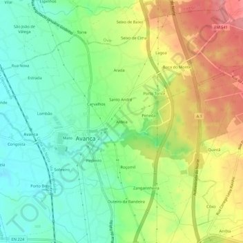 Topografische kaart Aldeia, hoogte, reliëf