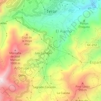 Topografische kaart Cuesta Falcón, hoogte, reliëf