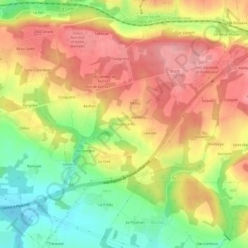 Topografische kaart Kergouach, hoogte, reliëf