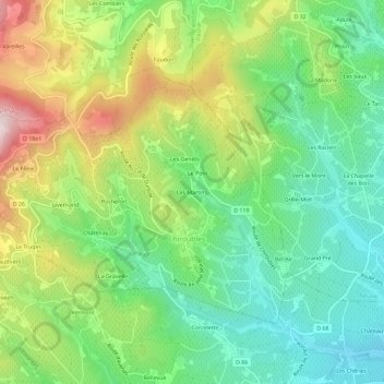 Topografische kaart Les Martins, hoogte, reliëf