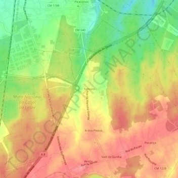 Topografische kaart Telheiro, hoogte, reliëf
