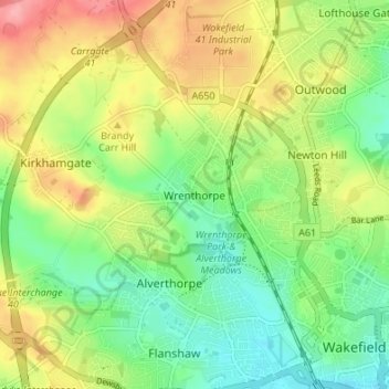 Topografische kaart Wrenthorpe, hoogte, reliëf