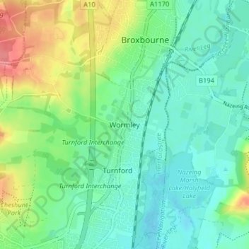 Topografische kaart Wormley, hoogte, reliëf