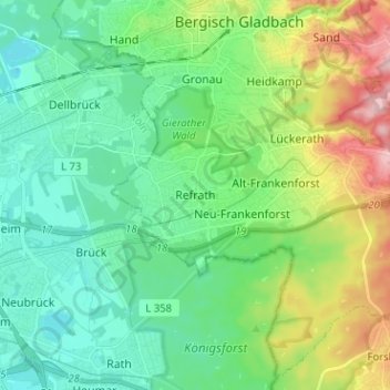 Topografische kaart Refrath, hoogte, reliëf