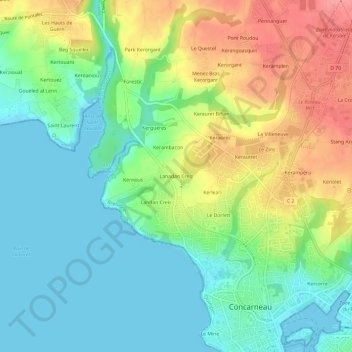 Topografische kaart Lanadan Creiz, hoogte, reliëf