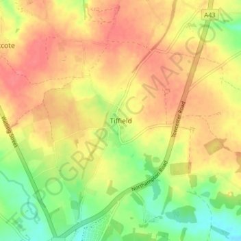 Topografische kaart Tiffield, hoogte, reliëf