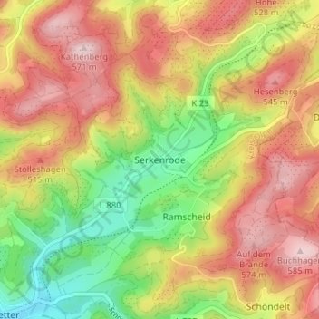Topografische kaart Serkenrode, hoogte, reliëf