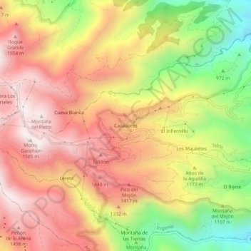 Topografische kaart Cazadores, hoogte, reliëf