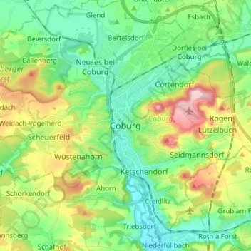 Topografische kaart Coburg, hoogte, reliëf