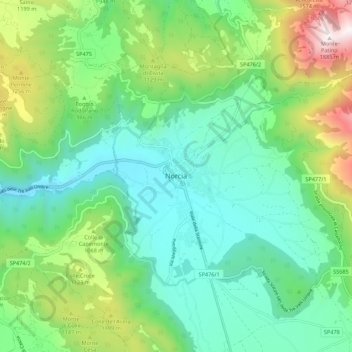 Topografische kaart Norcia, hoogte, reliëf