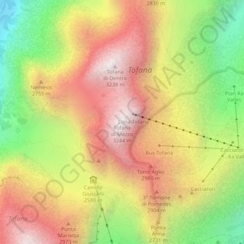 Topografische kaart Tofana di Mezzo, hoogte, reliëf