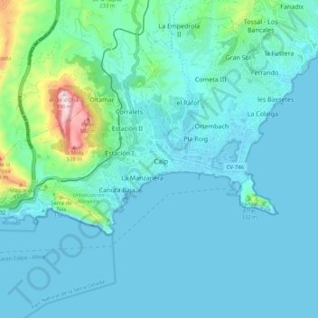 Topografische kaart Calp / Calpe, hoogte, reliëf