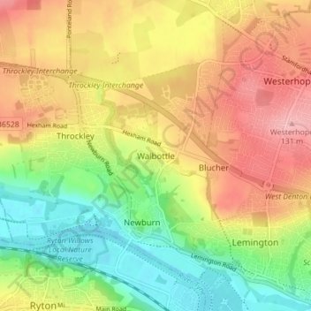 Topografische kaart Walbottle, hoogte, reliëf