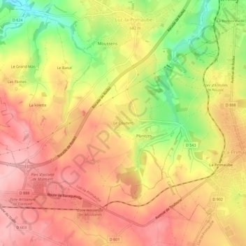 Topografische kaart Le Couderc, hoogte, reliëf