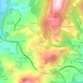 Topografische kaart Cabruñana, hoogte, reliëf