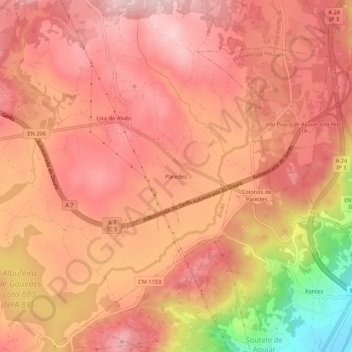 Topografische kaart Paredes, hoogte, reliëf