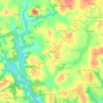 Topografische kaart Kergac, hoogte, reliëf