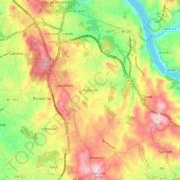 Topografische kaart Pedroso, hoogte, reliëf