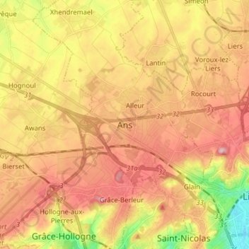 Topografische kaart Ans, hoogte, reliëf