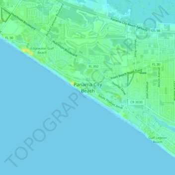 Topografische kaart West Panama City Beach, hoogte, reliëf