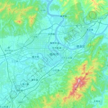 Topografische kaart Ganzhou, hoogte, reliëf
