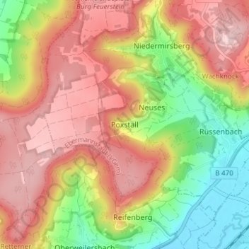 Topografische kaart Poxstall, hoogte, reliëf