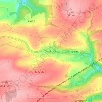 Topografische kaart Saubach, hoogte, reliëf