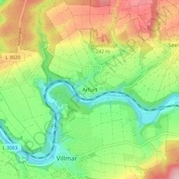 Topografische kaart Arfurt, hoogte, reliëf