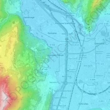 Topografische kaart Seyssinet-Pariset, hoogte, reliëf