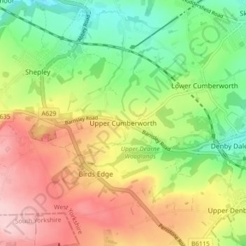 Topografische kaart Upper Cumberworth, hoogte, reliëf