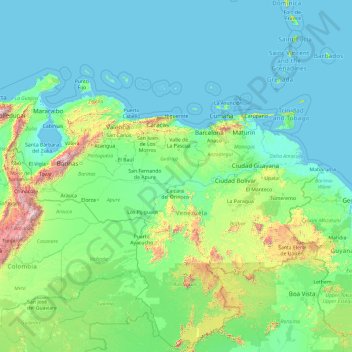 Topografische kaart Venezuela, hoogte, reliëf