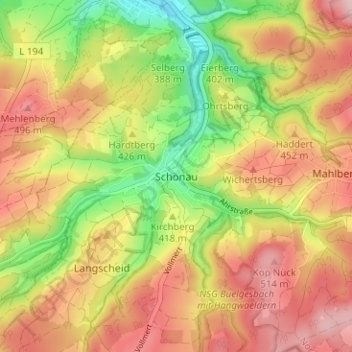 Topografische kaart Schönau, hoogte, reliëf