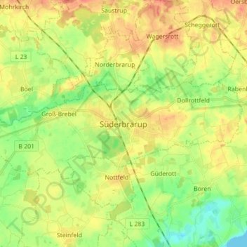 Topografische kaart Süderbrarup, hoogte, reliëf