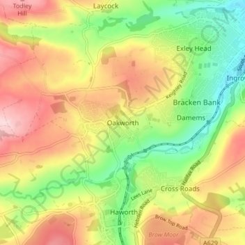 Topografische kaart Oakworth, hoogte, reliëf