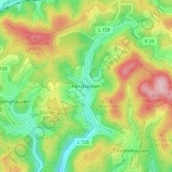Topografische kaart Herzhausen, hoogte, reliëf