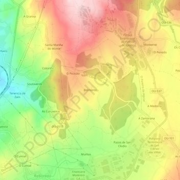 Topografische kaart Belmonte, hoogte, reliëf