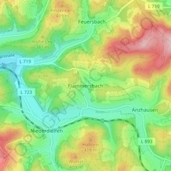 Topografische kaart Flammersbach, hoogte, reliëf